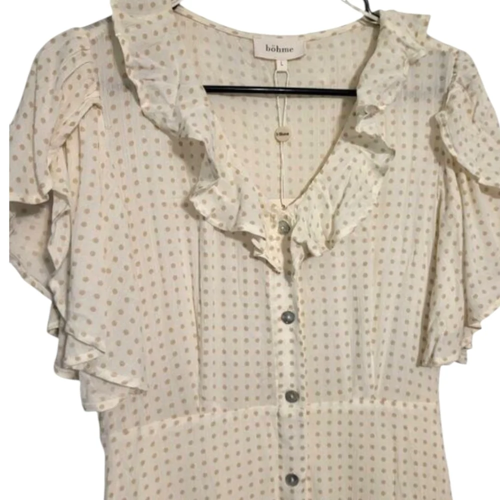 BÖHME Ivory/Cream Polka Dot Femme Midi Dress Ruffled V-neck Button Front NWT LG - Picture 4 of 15
